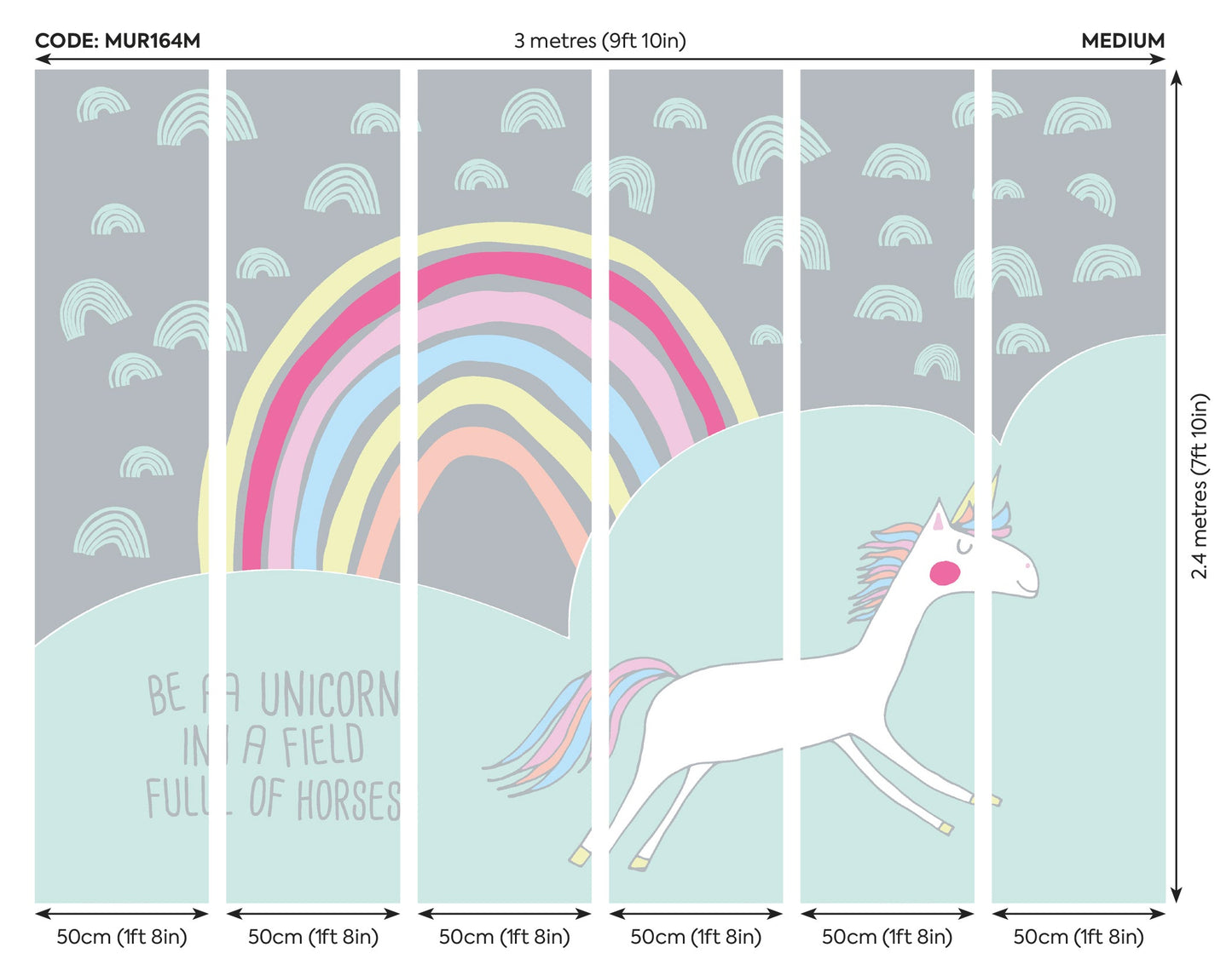 Origin Murals Rainbow Unicorn Mint Grey 300cm X 240cm