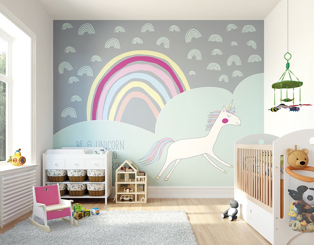 Origin Murals Rainbow Unicorn Mint Grey 300cm X 240cm