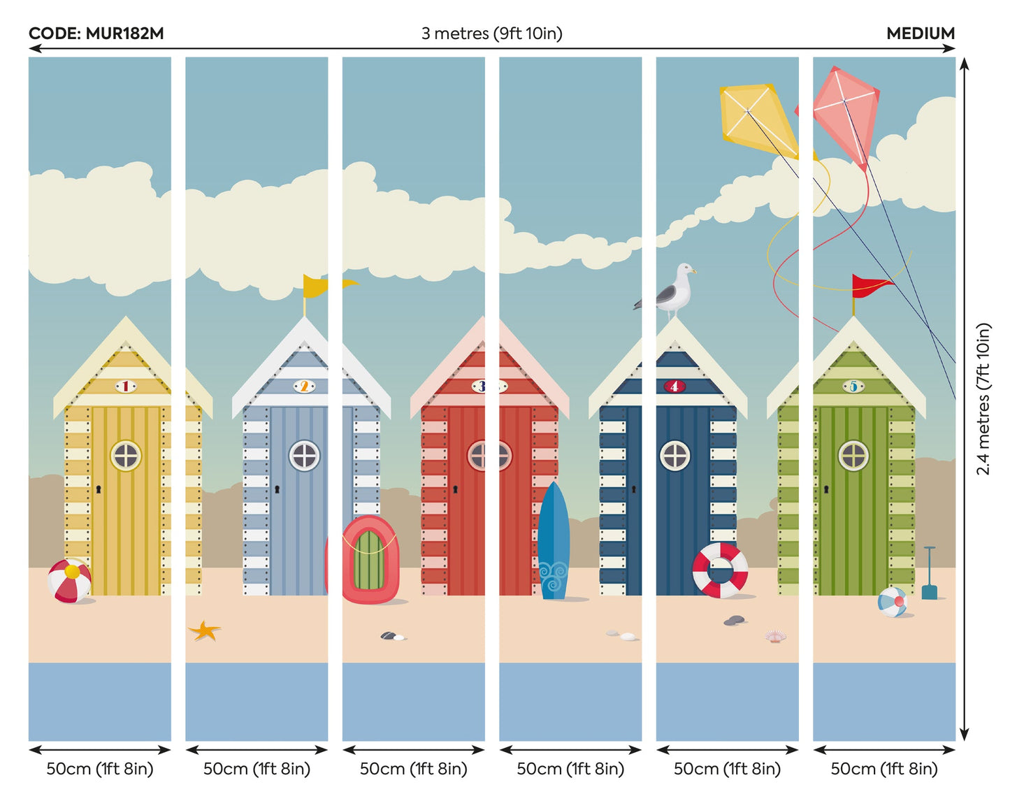 Origin Murals Beach Huts Multi 300cm X 240cm X