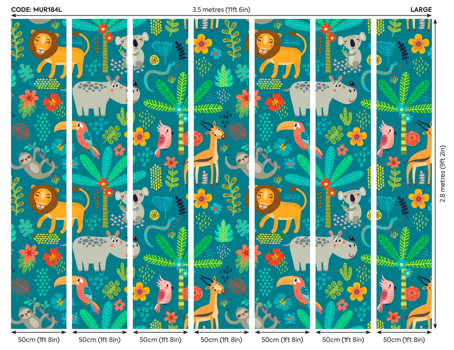 Origin Murals Jungle Animals Teal 350cm X 280cm