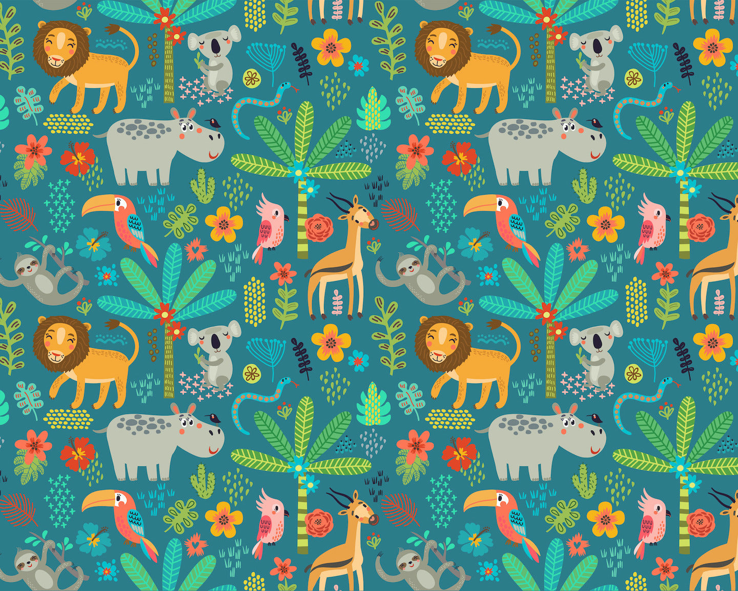 Origin Murals Jungle Animals Teal 350cm X 280cm