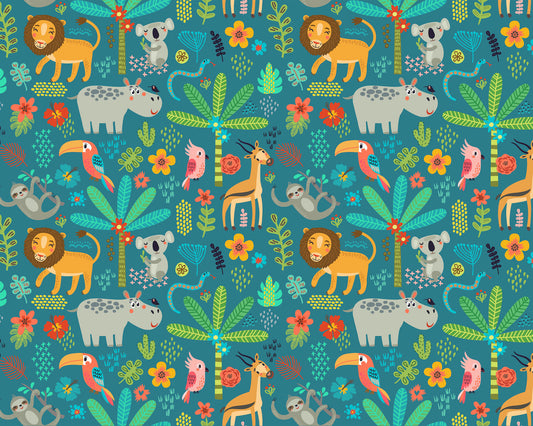 Origin Murals Jungle Animals Teal 350cm X 280cm