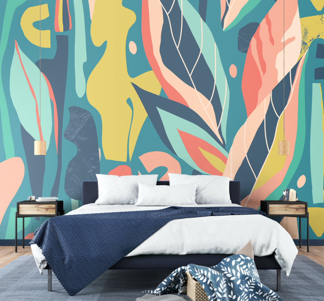 Origin Murals Abstract Leaf Shapes Blue 350cm X 280cm