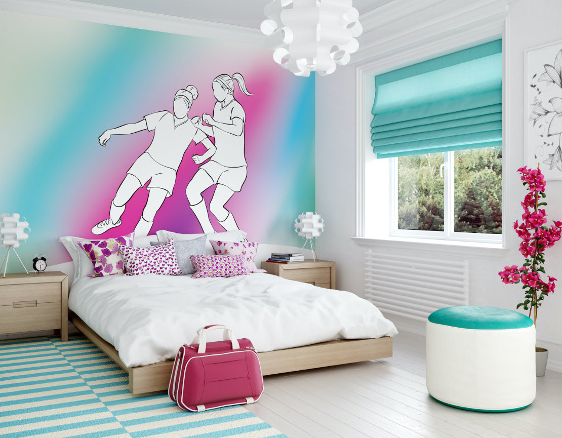 Origin Murals Girls Playing Football Blue 350cm X 280cm