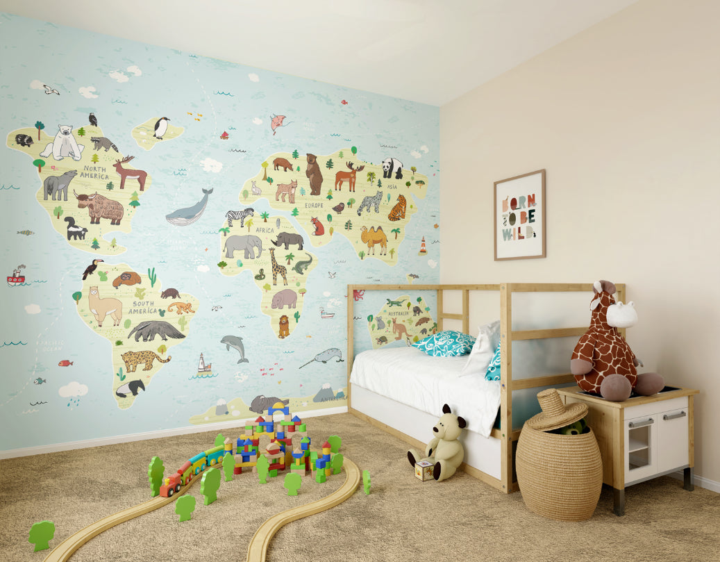 Origin Murals Childrens World Map Blue 300cm X 240cm