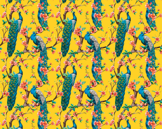 Origin Murals Flowery Peacocks Yellow 350cm X 280cm