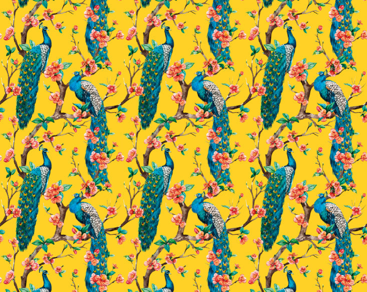 Origin Murals Flowery Peacocks Yellow 300cm X 240cm