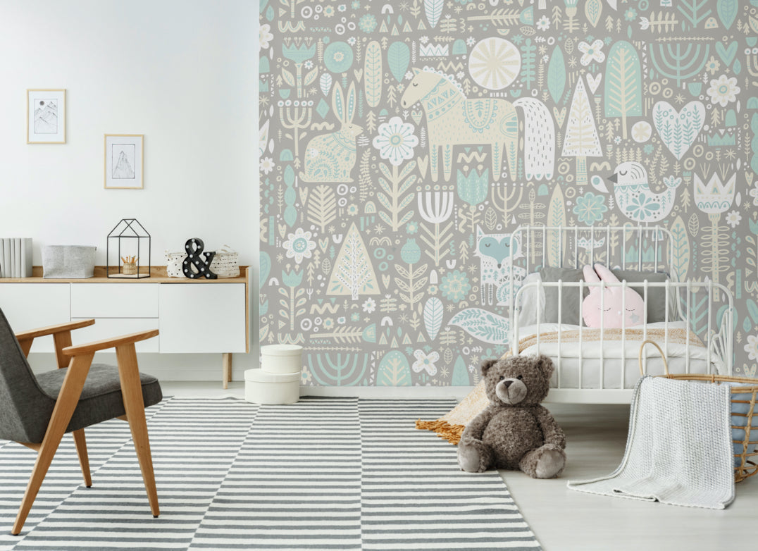 Origin Murals Scandi Forest Animals Warm Grey 300cm X 240cm