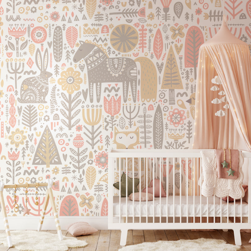 Origin Murals Scandi Forest Animals Blush Pink Grey 300cm X 240cm