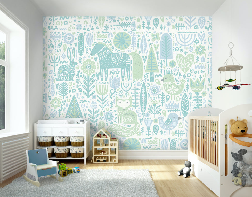 Origin Murals Scandi Forest Animals Teal Blue 350cm X 280cm