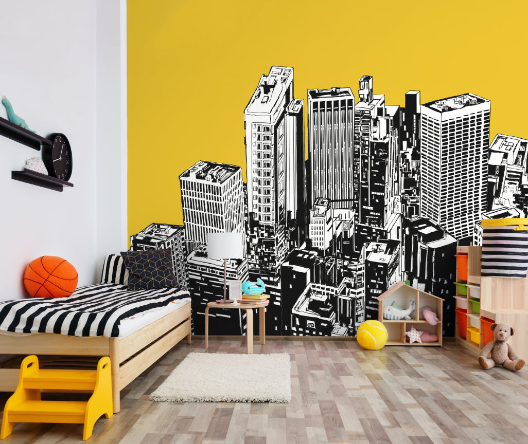 Origin Murals Urban City Skyscrapers Yellow Gold 350cm X 280cm