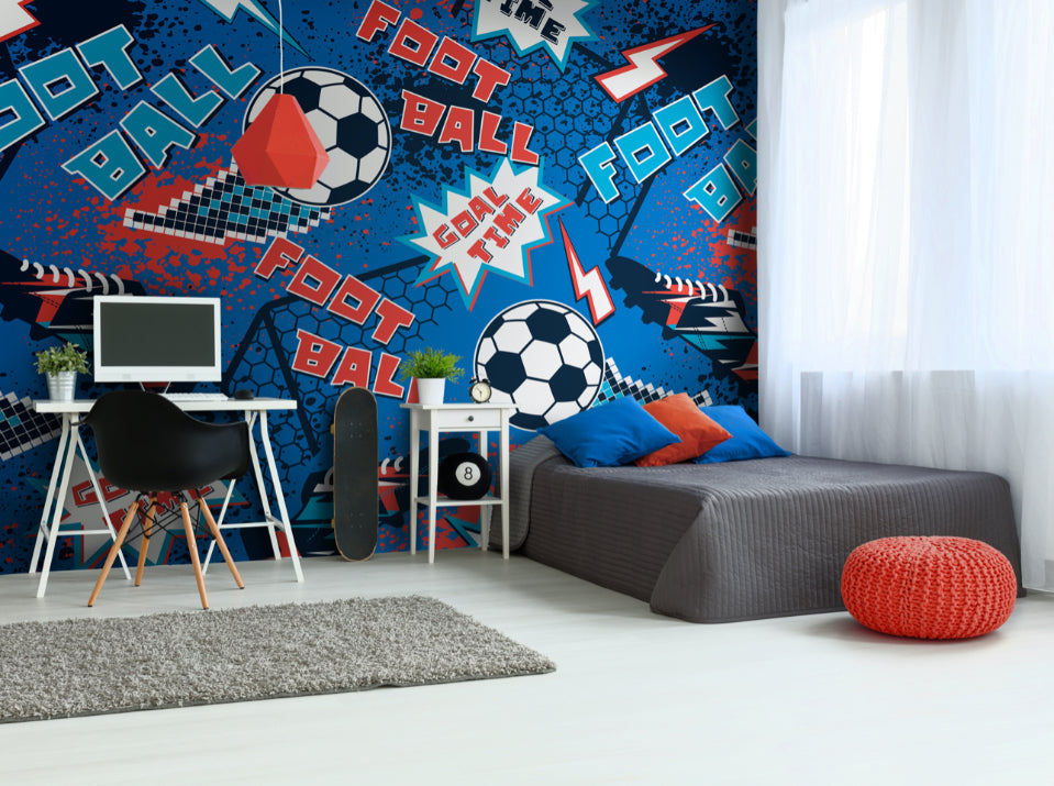 Origin Murals Graphic Pixel Footballs Blue 350cm X 280cm
