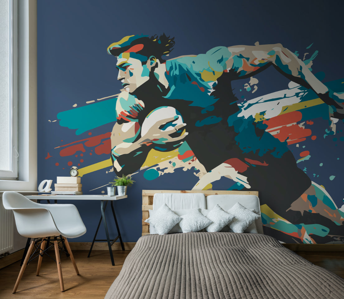 Origin Murals Rugby Player In Graphic Style Blue 300cm X 240cm