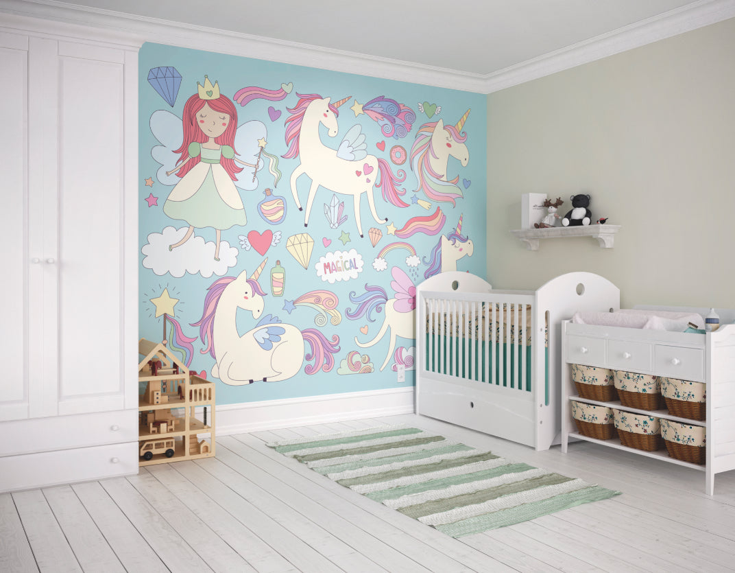 Origin Murals Princess Unicorn Blue 350cm X 280cm