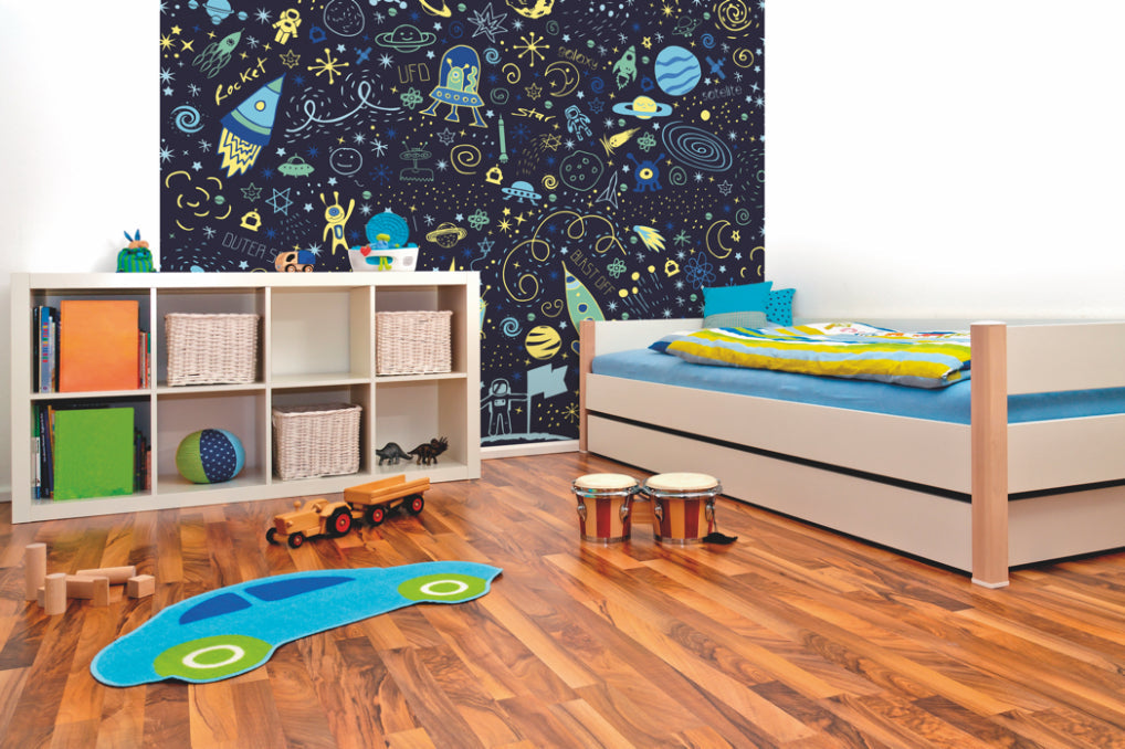 Origin Murals Space Doodle Text Navy Blue 350cm X 280cm