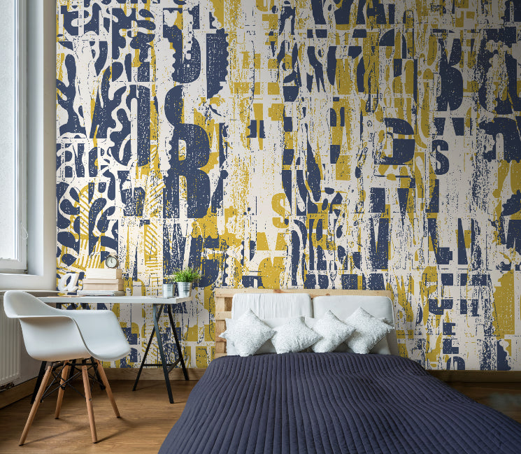 Origin Murals Letterpress Graffiti Navy Yellow 350cm X 280cm