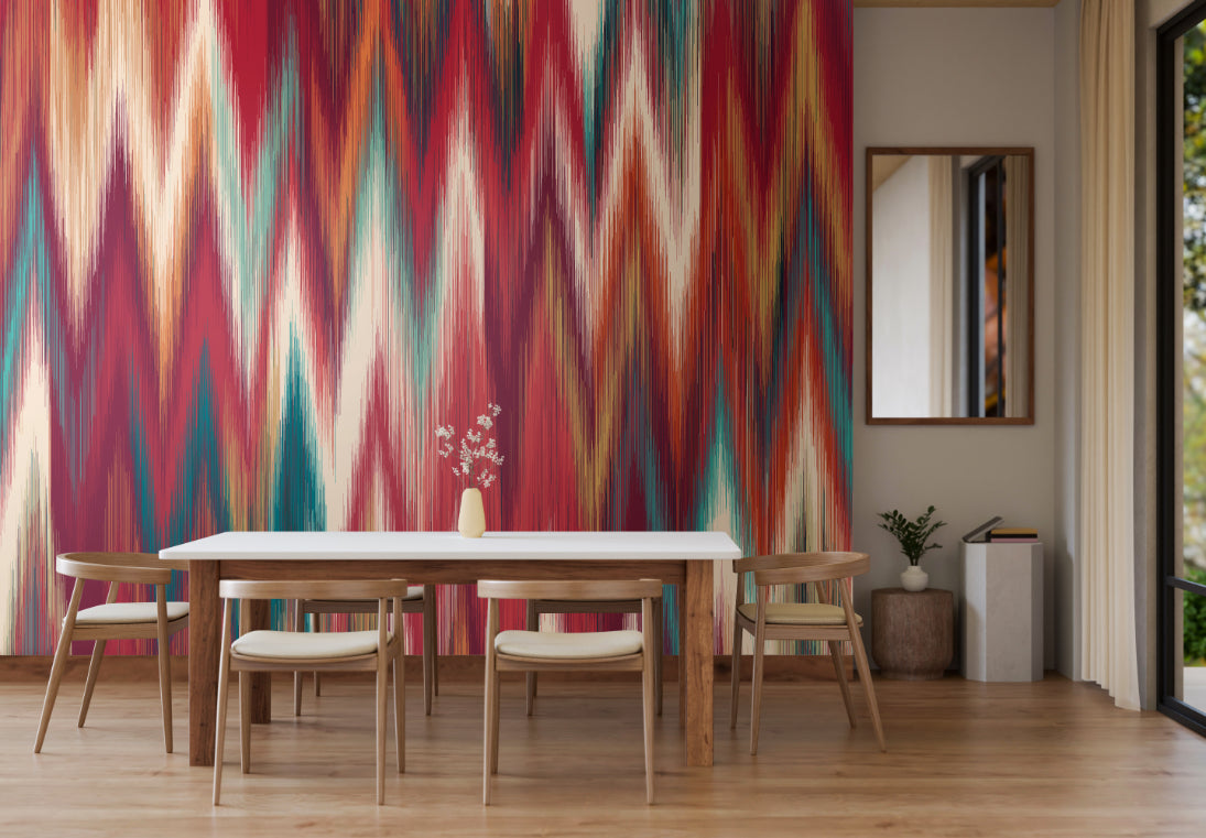 Origin Murals Ikat Zig Zag Raspberry Red 350cm X 280cm