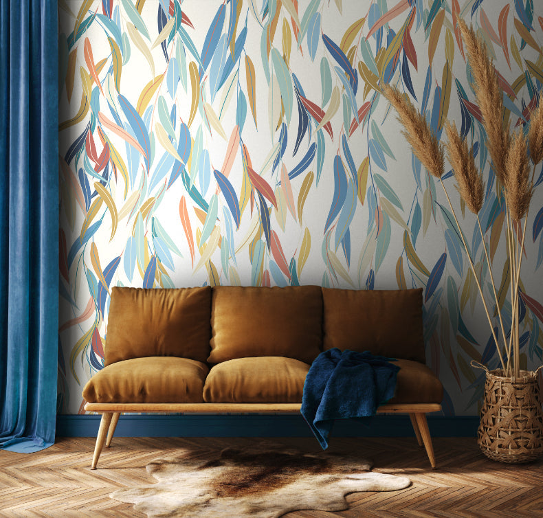 Origin Murals Willow Leaves Denim Blue Apricot 350cm X 280cm