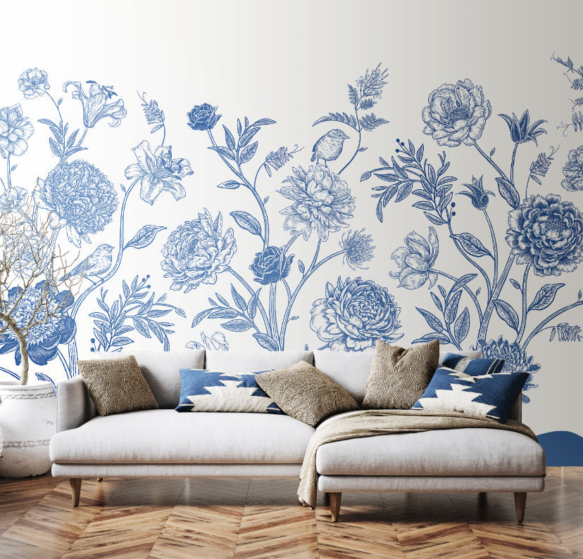 Origin Murals Jacobean Rose Trail Navy Blue 300cm X 240cm