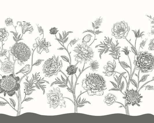 Origin Murals Jacobean Rose Trail Black White 350cm X 280cm