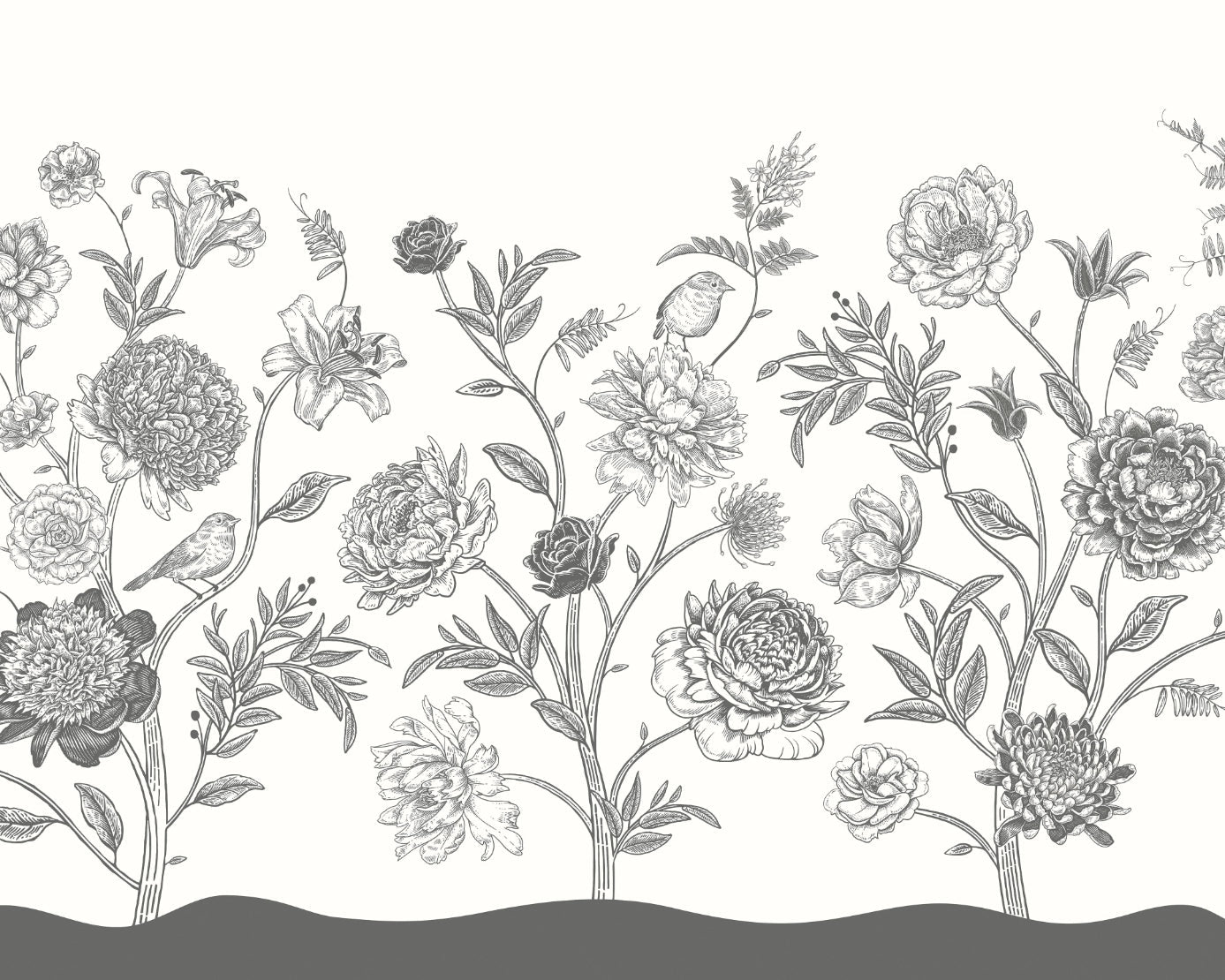 Origin Murals Jacobean Rose Trail Black White 300cm X 240cm