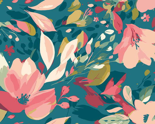 Origin Murals Flowing Flowers Teal Blue Coral 350cm X 280cm