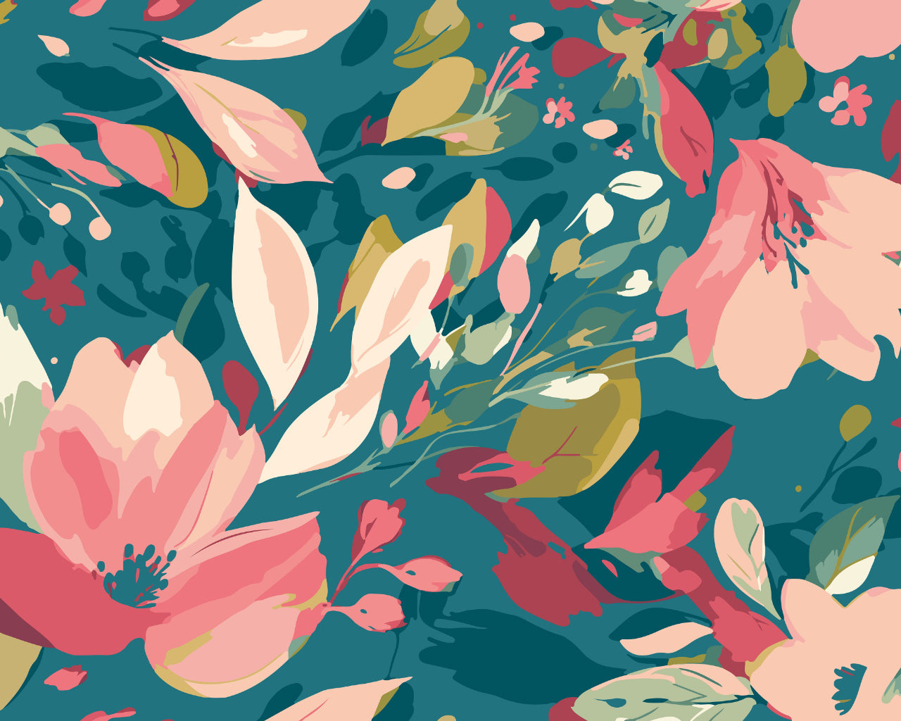 Origin Murals Flowing Flowers Teal Blue Coral 300cm X 240cm