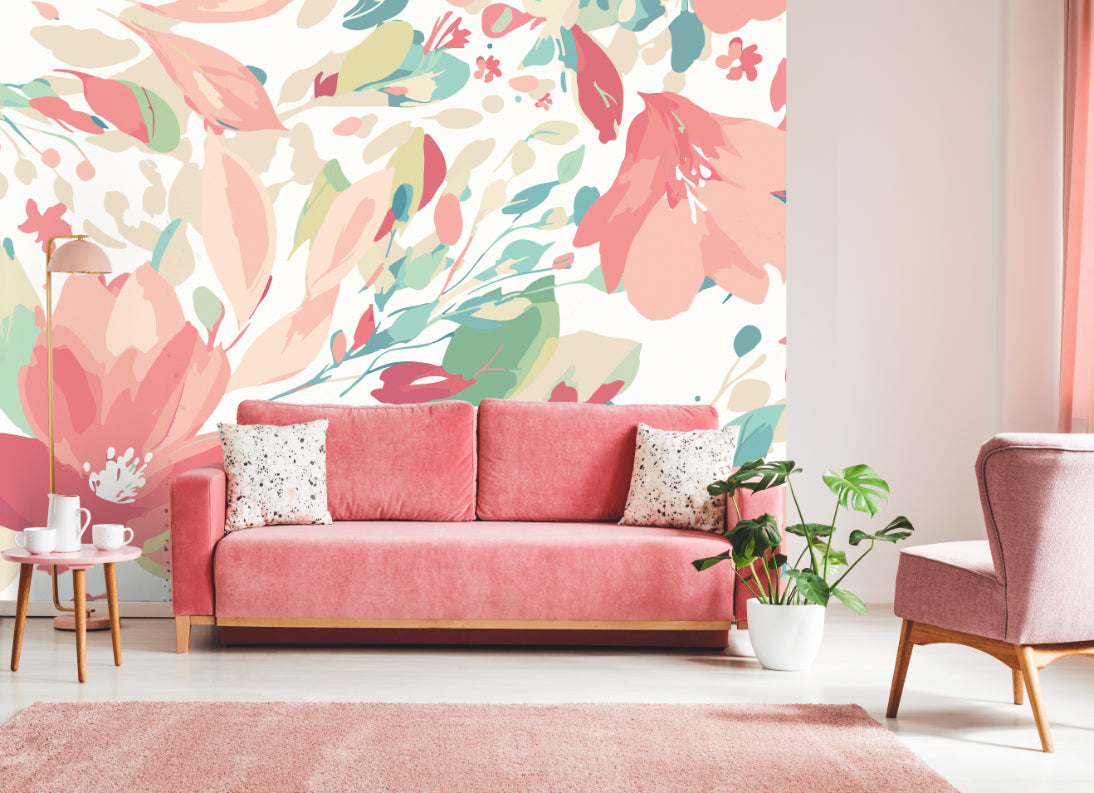 Origin Murals Flowing Flowers Coral Pink 350cm X 280cm
