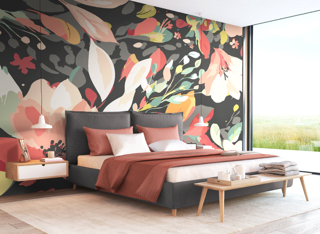 Origin Murals Flowing Flowers Charcoal Black Red 300cm X 240cm