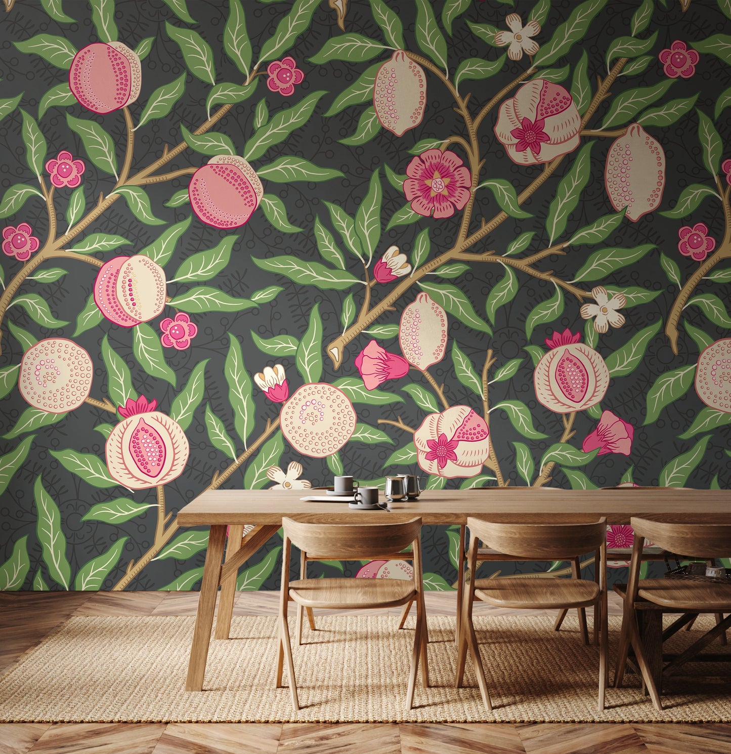 Origin Murals Fruit And Foliage Black And Rose Pink 350cm X 280cm