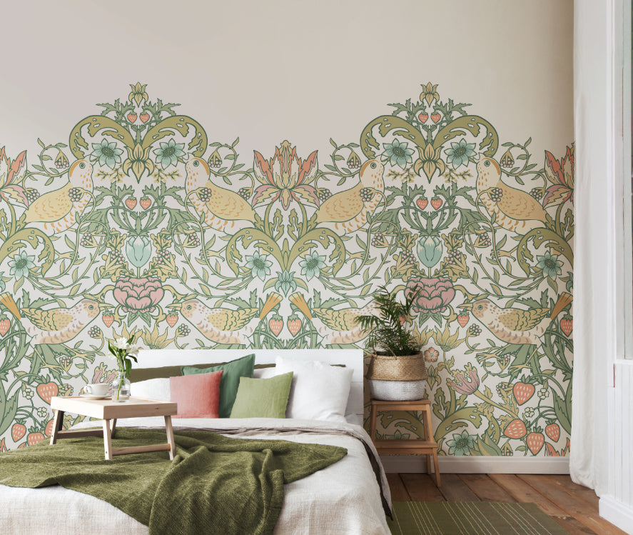 Origin Murals Birds Fruit And Foliage Sage And Apricot 300cm X 240cm