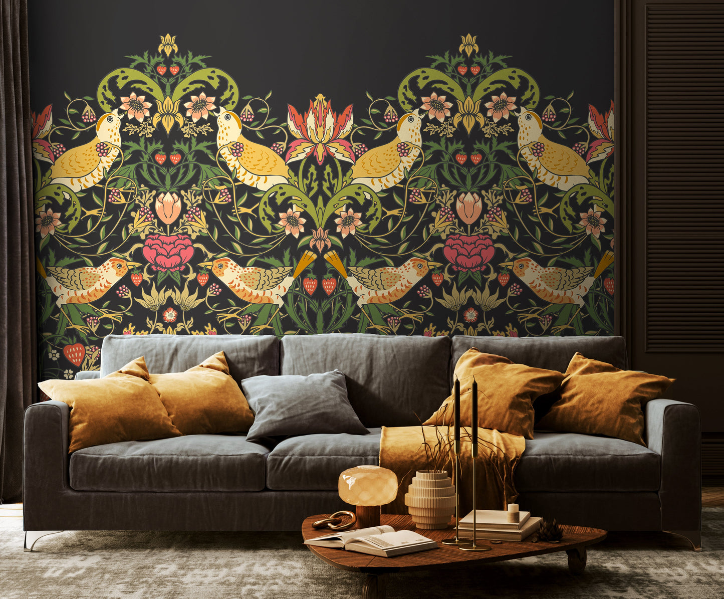 Origin Murals Birds Fruit And Foliage Black And Olive 350cm X 280cm