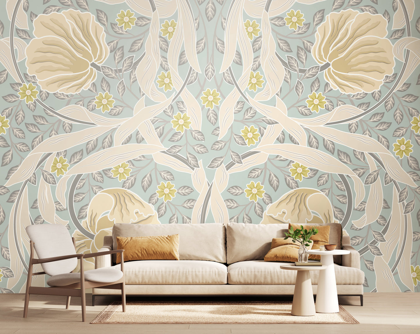 Origin Murals Flower Circle Duck Egg And Linen 350cm X 280cm