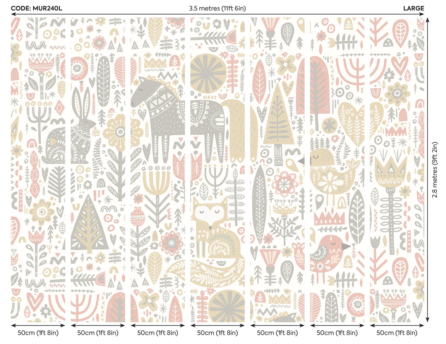 Origin Murals Scandi Forest Animals Blush Pink Grey 350cm X 280cm