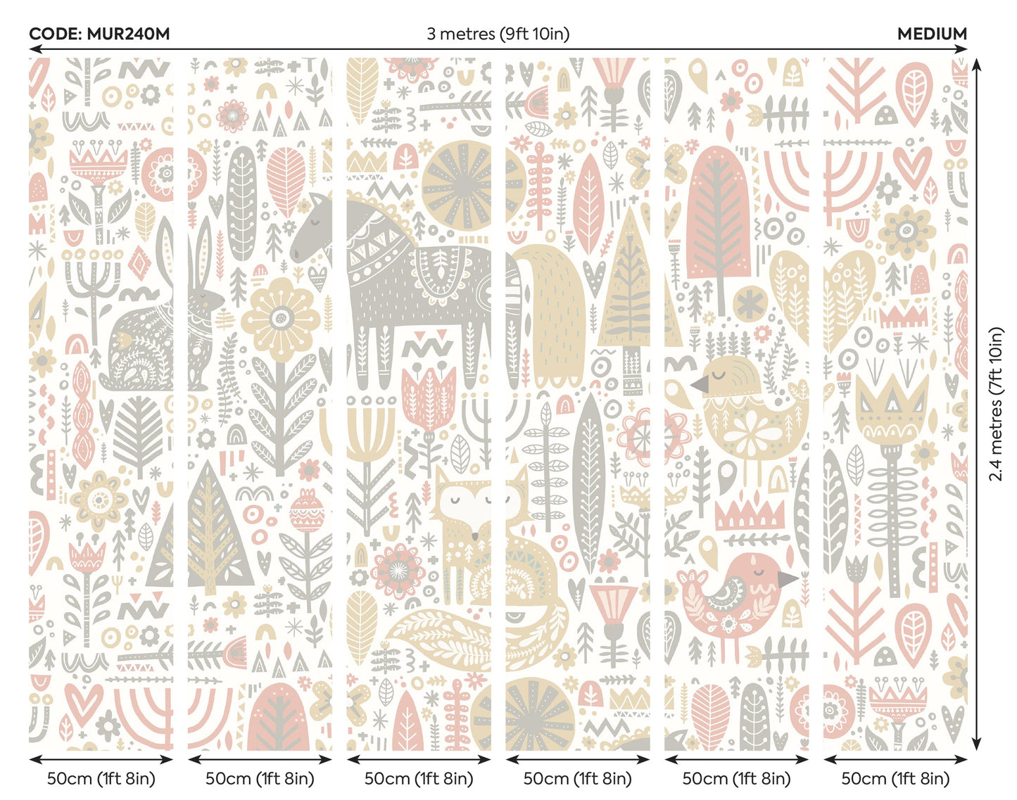 Origin Murals Scandi Forest Animals Blush Pink Grey 300cm X 240cm