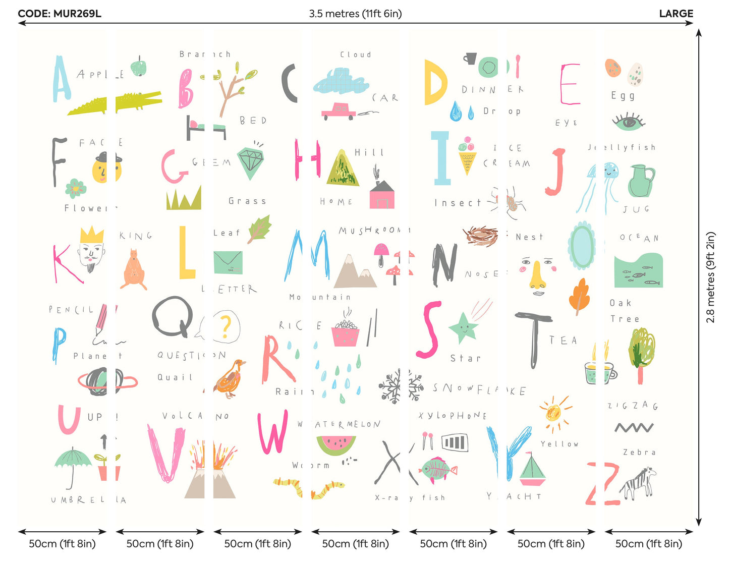 Origin Murals Childrens Alphabet Illustrations Multi Pink 350cm X 280cm