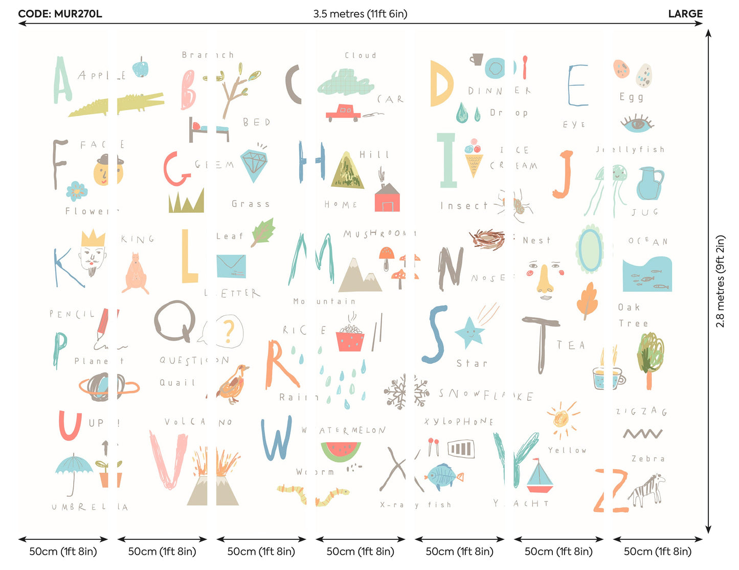 Origin Murals Childrens Alphabet Illustrations Multi Pastel 350cm X 280cm