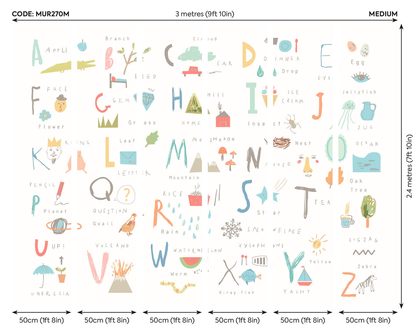 Origin Murals Childrens Alphabet Illustrations Multi Pastel 300cm X 240cm