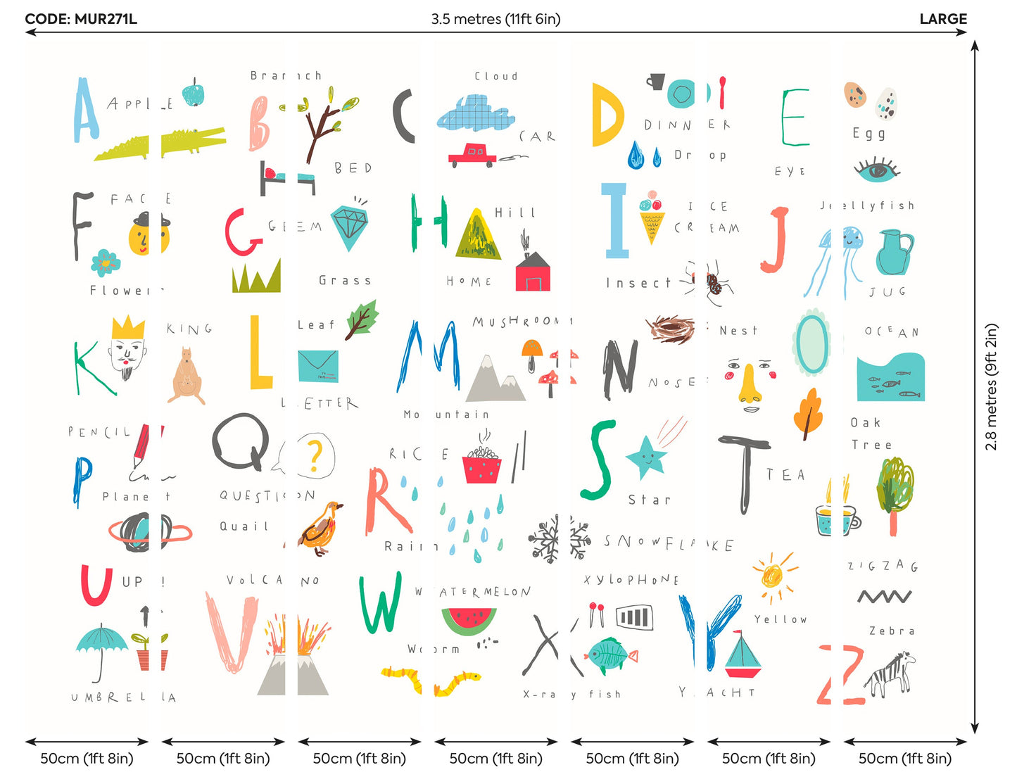 Origin Murals Childrens Alphabet Illustrations Multi Bright 350cm X 280cm