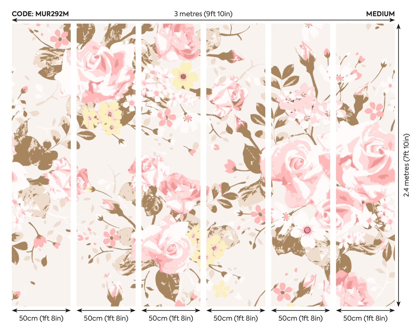 Origin Murals Vintage Rose Pattern Pink 300cm X 240cm