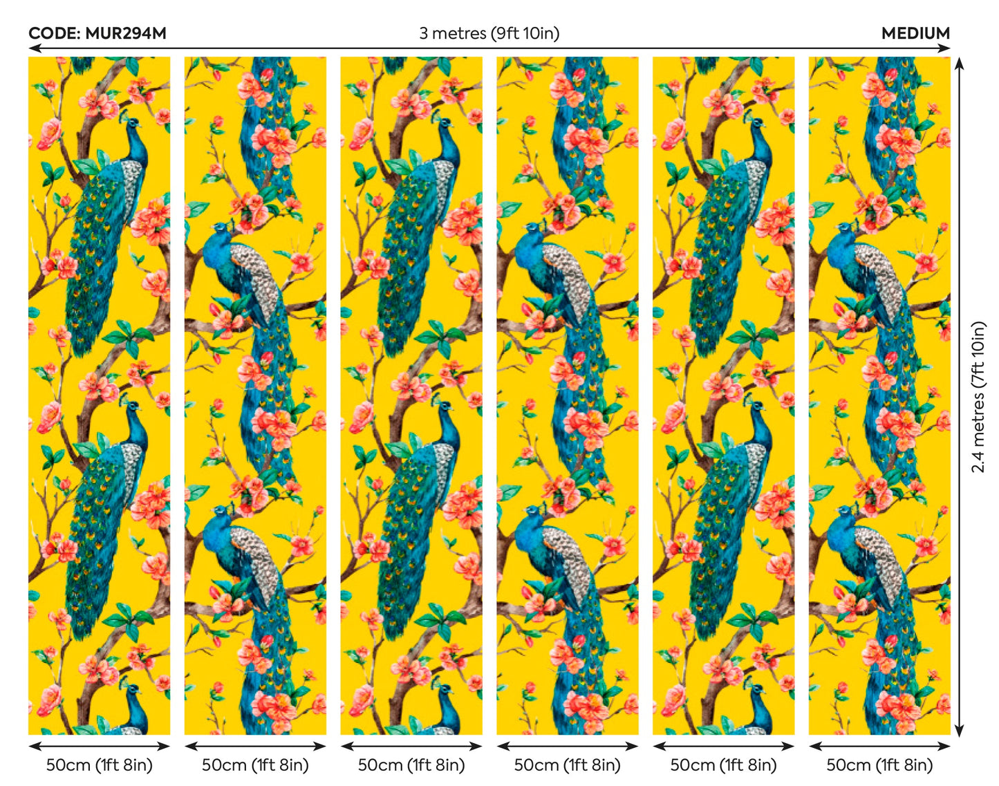 Origin Murals Flowery Peacocks Yellow 300cm X 240cm