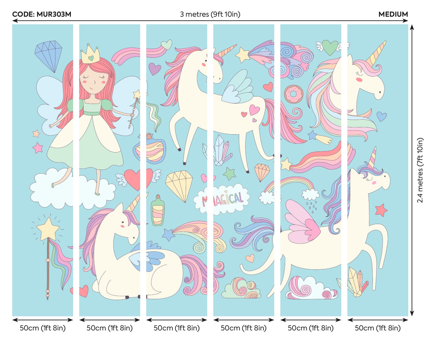 Origin Murals Princess Unicorn Blue 300cm X 240cm