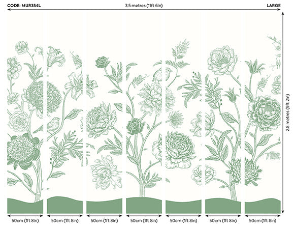 Origin Murals Jacobean Rose Trail Forest Green 350cm X 280cm
