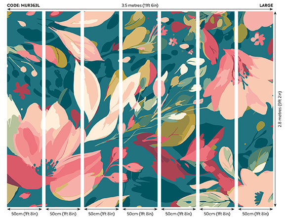 Origin Murals Flowing Flowers Teal Blue Coral 350cm X 280cm