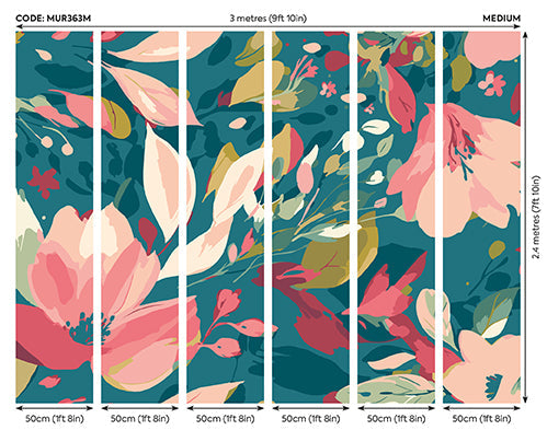 Origin Murals Flowing Flowers Teal Blue Coral 300cm X 240cm