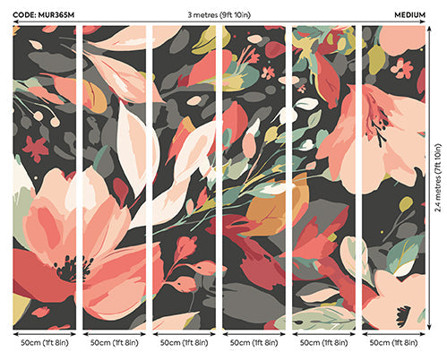 Origin Murals Flowing Flowers Charcoal Black Red 300cm X 240cm