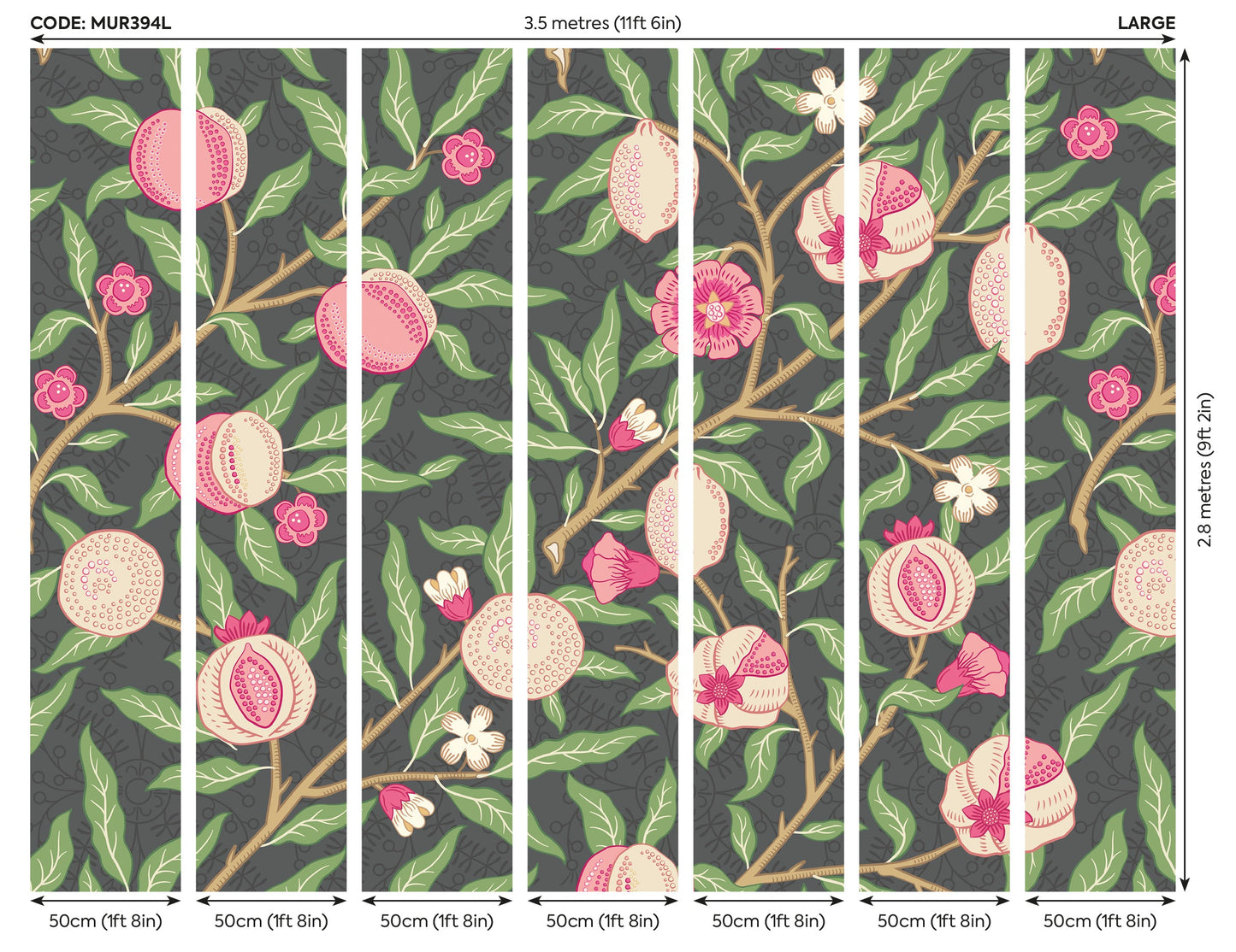 Origin Murals Fruit And Foliage Black And Rose Pink 350cm X 280cm