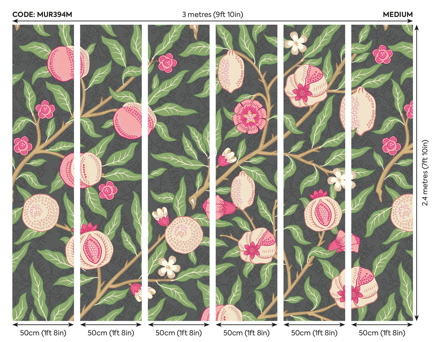 Origin Murals Fruit And Foliage Black And Rose Pink 300cm X 240cm