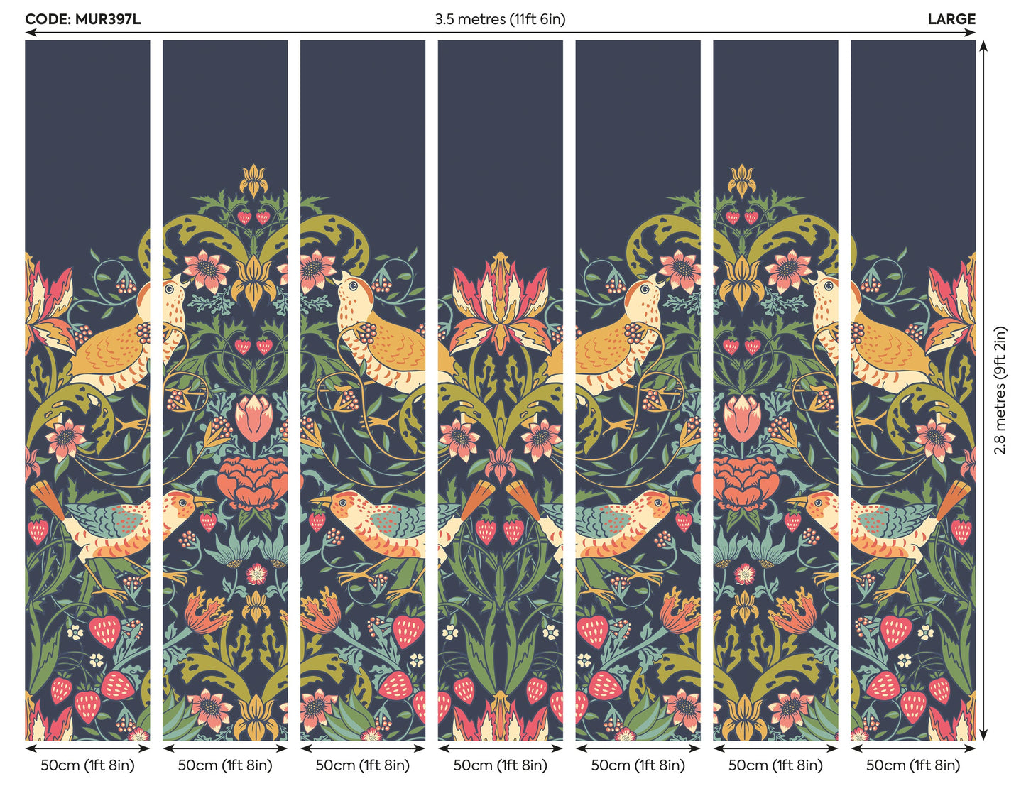 Origin Murals Birds Fruit And Foliage Navy And Coral 350cm X 280cm