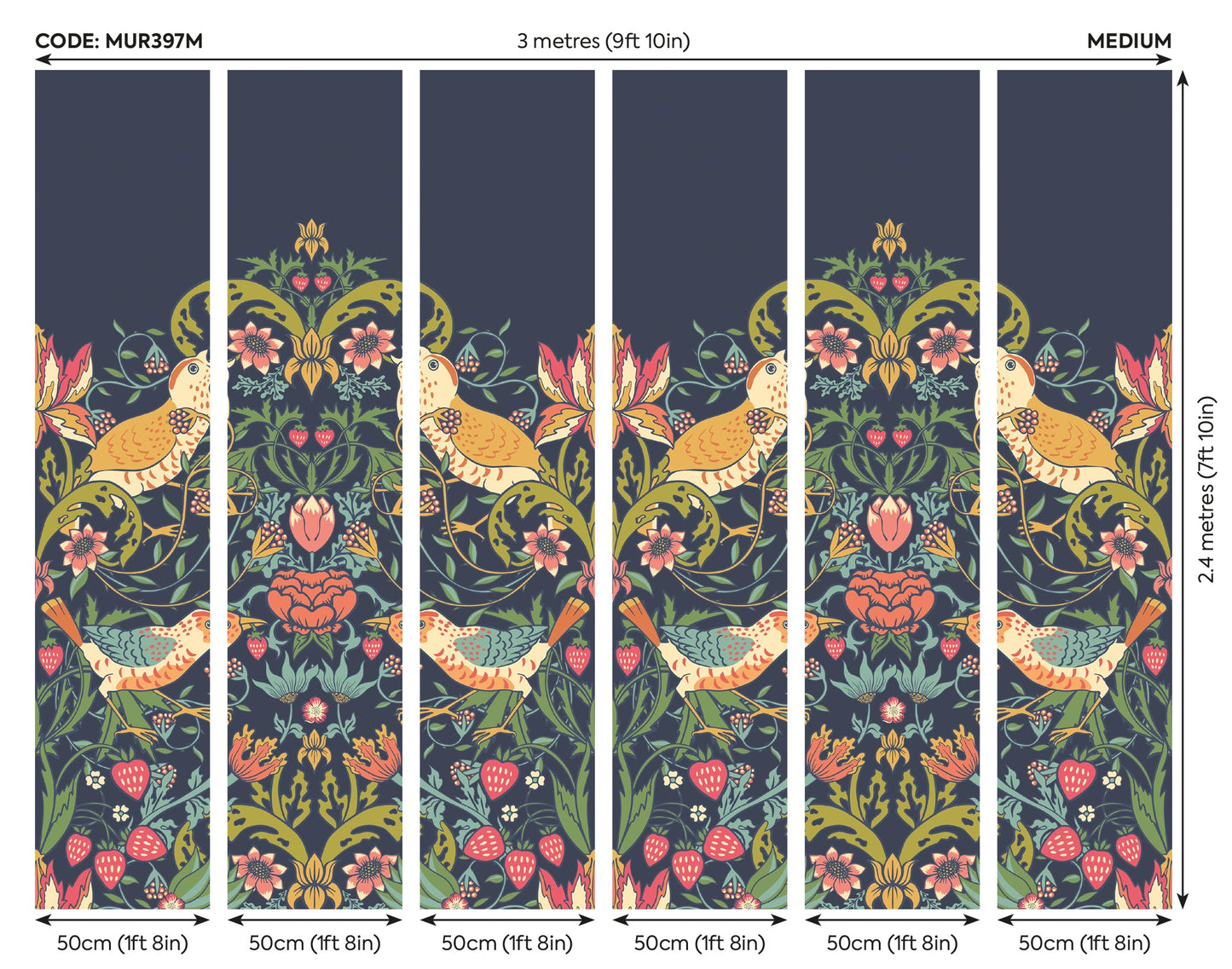 Origin Murals Birds Fruit And Foliage Navy And Coral 300cm X 240cm